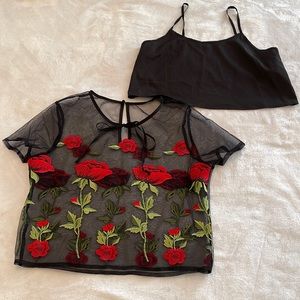 Black organza crop top with rose embroidery